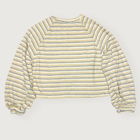 Lush Women’s Mustard Navy Striped Balloon Sleeve Sweatshirt Size Small - Picture 3 of 9